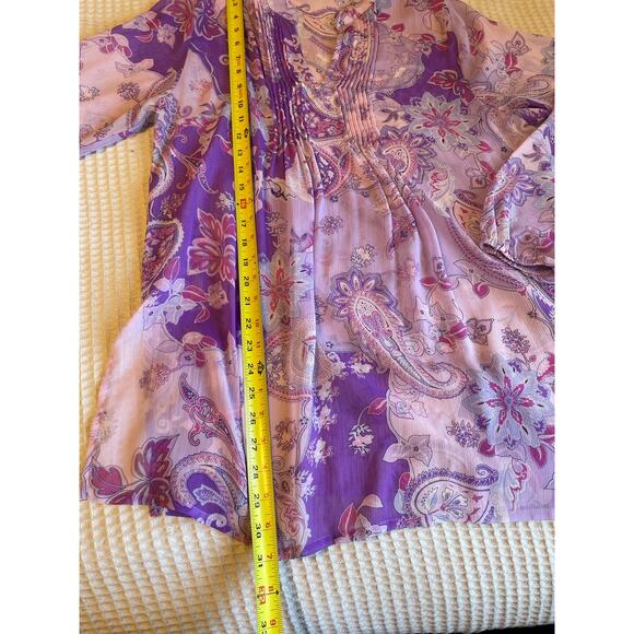 Susan Garver Paisley Floral Boho Purple Pleated Long Sleeve Tunic Blouse Medium - Picture 5 of 12